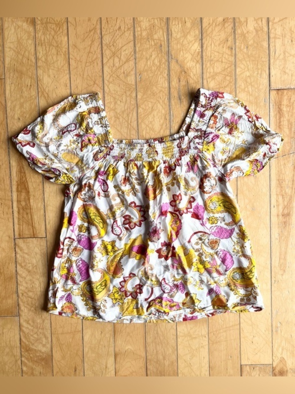 Cream Bohemian Floral Smocked Puff Sleeve Blouse Size 38